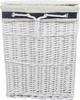 A white wicker laundry basket with a lid and a navy blue and beige fabric liner. Produktbild-Vorschau