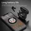 A smartphone displaying a music app and a pair of wireless earbuds with their charging case. Produktbild-Vorschau