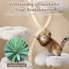 A cat is playing on a cat tree with plush platforms and sisal-wrapped posts. A close-up of sisal plant leaves is shown in a circular inset. Podgląd zdjęcia produktu