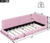 A diagram of a pink upholstered bed frame with dimensions and weight capacity indicated. Náhled obrázku produktu