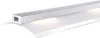 A close-up, studio shot of a modern LED pendant light bar with a brushed metal finish, resting on a curved white surface. Produktbild-Vorschau