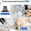 Collage showing a vacuum cleaner filter being washed, a handheld vacuum cleaner in use, and a dog eating from a bowl. Produktbild-Vorschau
