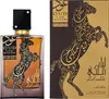 A perfume bottle and its box are displayed side-by-side against a white background. The packaging features an artistic depiction of a horse made of Arabic calligraphy. Náhľad obrázku produktu