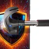 A hammer is shown striking a smartphone screen, which is protected by a screen protector. The background is abstract and fiery. Anteprima dell’immagine prodotto