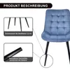 A close-up of a blue upholstered chair with black legs, accompanied by diagrams illustrating the chair's dimensions and features. Voir les images du produit