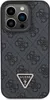 A close-up view of a black iPhone case with a repeating Guess logo pattern and a triangular Guess logo emblem. Náhled obrázku produktu