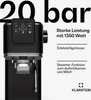 A black espresso machine with a digital display and steam wand, presented with marketing text and branding. Produktbild-Vorschau