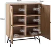 A wooden sideboard with black legs, shown with its right door open, displaying internal shelves with dimensions indicated by dashed lines and text. Produktbild-Vorschau
