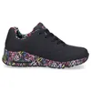 A side view of a black Skechers sneaker with a colorful heart pattern on the sole and lining. Náhled obrázku produktu