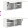 A white wall-mounted cabinet with two compartments, shown in two positions: closed and open. Náhled obrázku produktu