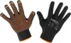A pair of black work gloves with orange grip dots on the palm side, shown from the palm and back views. Produktbild-Vorschau