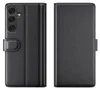A black leather flip case for a smartphone is shown from the front and back. Produktbild-Vorschau