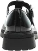 A close-up rear view of a black patent leather shoe with a thick sole. Produktbild-Vorschau