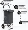 A shopping trolley with text overlays describing its features. Voir les images du produit