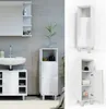 A collage of images showing a white high-gloss bathroom cabinet from different angles and in a bathroom setting. Podgląd zdjęcia produktu