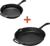 Two cast iron skillets are shown with a plus sign in between them. Náhľad obrázku produktu