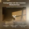 A monitor stand is attached to the back of a monitor, with text overlays describing its features. Produktbild-Vorschau