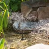 A small solar-powered fountain is operating in a garden pond with rocks and plants. Produktbild-Vorschau