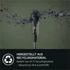 A vacuum cleaner head with debris being sucked into it, set against a dark green background. The bottom of the image contains text and a recycling symbol. Produktbild-Vorschau