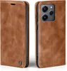A brown leather flip case for a smartphone is shown from two angles. Produktbild-Vorschau