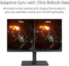 A computer monitor displaying a split screen comparing 75Hz and 60Hz refresh rates, with text describing Adaptive-Sync. Anteprima dell’immagine prodotto
