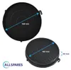 Two black circular filters for a range hood are shown. Dimensions are indicated with blue lines and text. Produktbild-Vorschau