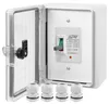 An open electrical enclosure with a circuit breaker and cable glands. Produktbild-Vorschau