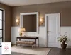 A hallway with a console table, mirror, bench, and door, decorated with wall paneling and flowers. Produktbild-Vorschau