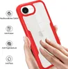 A hand is touching a red and clear phone case on a white background, with feature icons and text on the left. Produktbild-Vorschau