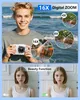 A young man holding a white digital camera with a beach and ocean in the background. Insets show close-ups of the camera's zoom capabilities. Below, two portraits of a young woman are shown, illustrating a "Beauty Function." Produktbild-Vorschau