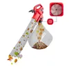 A red and white electric leaf blower with a collection bag filled with leaves, shown with close-up diagrams of its internal components. Produktbild-Vorschau