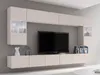 A modern living room wall unit with a TV and integrated shelving, illuminated by LED lights. Produktbild-Vorschau