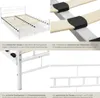 Collage of images showing different aspects of a white metal bed frame, including a full view, close-ups of the slats and support structure, and decorative elements. Produktbild-Vorschau