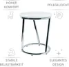 A white round stool with a chrome base is shown against a white background. Text and icons highlight product features. Produktbild-Vorschau