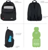 A collage of four images showing different aspects of a black backpack, including its interior, back, side pocket with a water bottle, and a graphic indicating it's made from recycled plastic. Produktbild-Vorschau