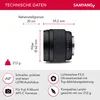 Technical data and feature highlights for a camera lens. Voir les images du produit
