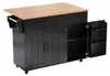 A black kitchen island with a wood-tone countertop and a pull-out towel rack on the side. The island has two drawers, two cabinet doors, and an open shelving unit on the right side with its door ajar. Náhľad obrázku produktu