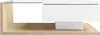 A modern coffee table with a wooden base, a white drawer, and a glass top, presented against a white background. Voir les images du produit