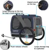 A dog trailer for bicycles, with labels pointing out its features. Produktbild-Vorschau