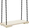 A wooden swing seat suspended by two black and white ropes against a white background.