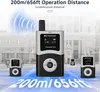 A marketing image showcasing a Retekess audio guide system with a transmitter and receivers, set against a blurred background of buildings and streets, highlighting its operational distance. Voir les images du produit