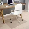 A white office chair sits on a transparent floor mat in front of a wooden desk. Náhled obrázku produktu