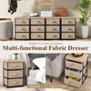 A collage showing a multi-functional fabric dresser in different settings, including a bedroom and living room, with text overlays highlighting its features and uses. Podgląd zdjęcia produktu