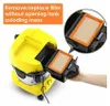 A hand holding a filter for a yellow vacuum cleaner, with an inset showing a close-up of the filter. Produktbild-Vorschau
