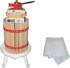 A wooden fruit press with a red mechanism on top, and a white mesh fabric next to it, on a white background. Náhľad obrázku produktu