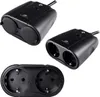 Three views of a black outdoor smart plug with two sockets. Náhled obrázku produktu