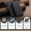 A black leather phone case is displayed on a textured brown background, with close-up insets highlighting its features. Produktbild-Vorschau