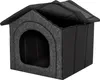A dark gray and black fabric dog house with an open roof, shown from the front-left. Náhled obrázku produktu