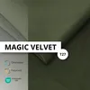 A close-up of dark green velvet fabric with overlaid text and icons. Produktbild-Vorschau