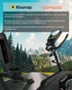 A stationary exercise bike is shown in front of a scenic mountain road background. Text overlays describe the bike's features and app connectivity. Produktbild-Vorschau
